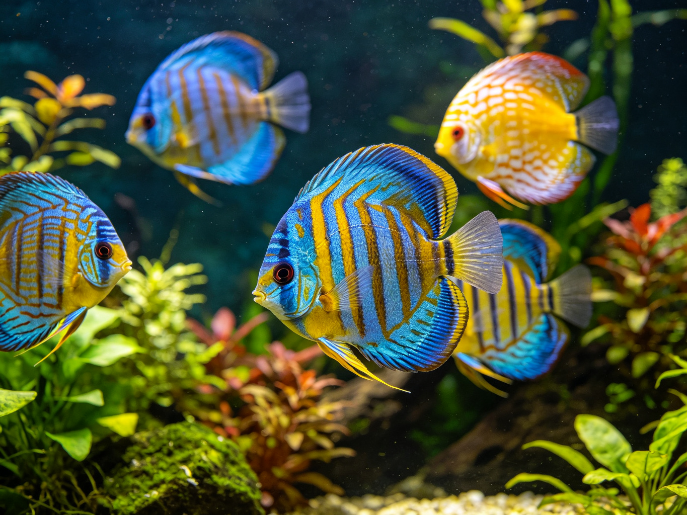 七彩神仙鱼群在水族箱中游动，色彩斑斓