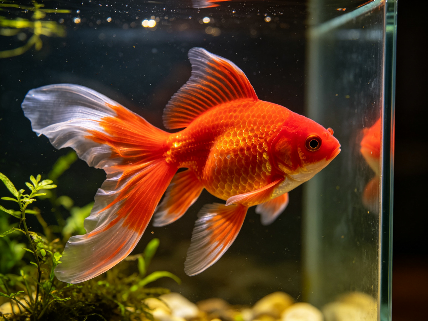 红色长尾金鱼在水族箱中游动