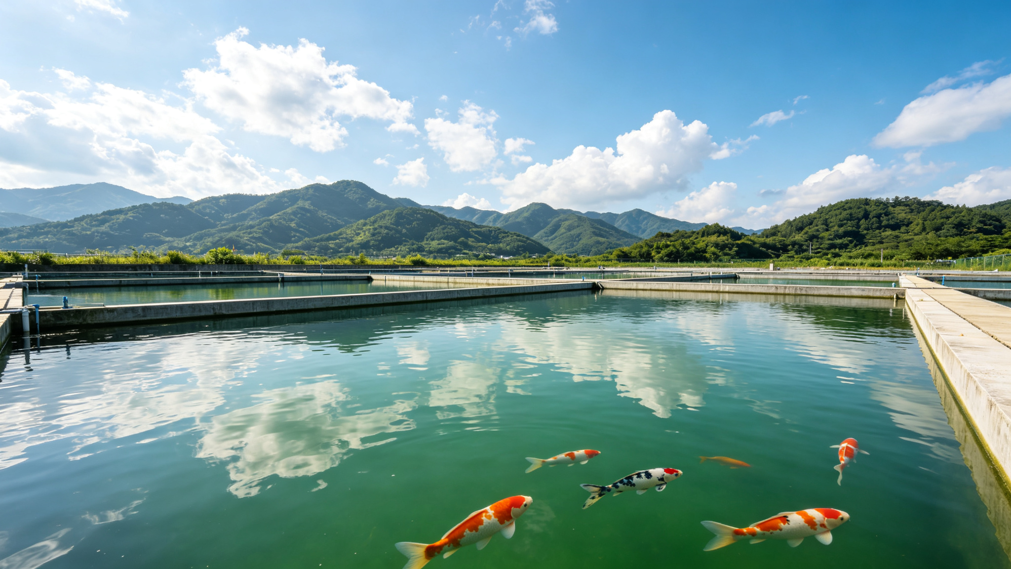 亚星渔场锦鲤养殖池塘全景，碧水倒映蓝天青山